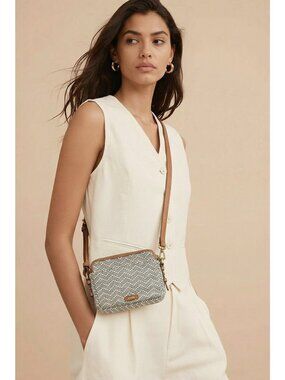 Fossil Woven Crossbody Bag Neutral Tan Leather Trim Adjustable Strap OS